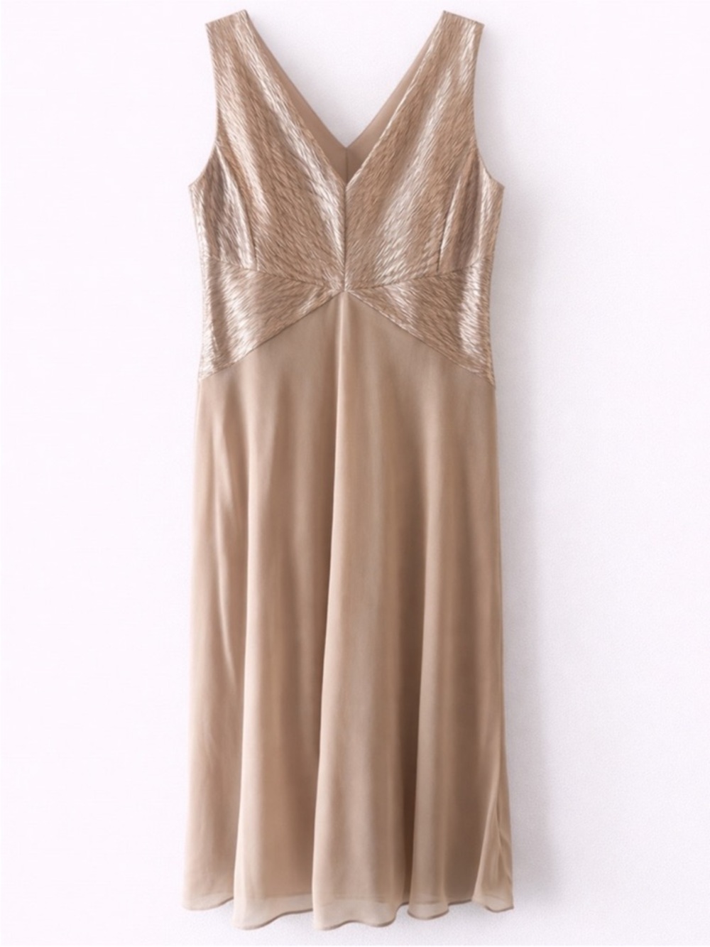 Dana Kay Gold Metallic Dress Size 8 Sleeveless Formal Evening V Neck Fit Flare